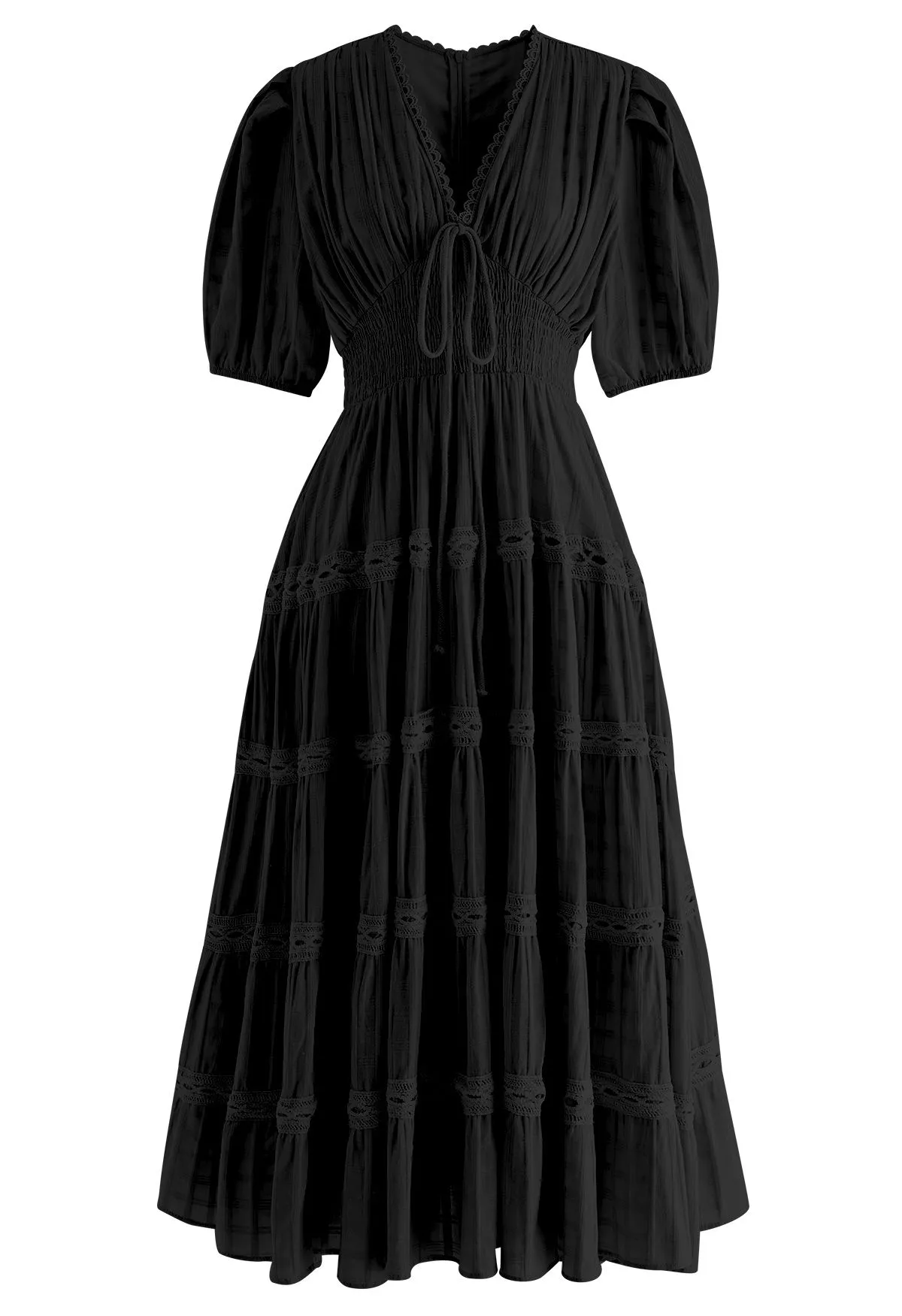 Kariertes Midikleid mit gewelltem V-Ausschnitt in Schwarz